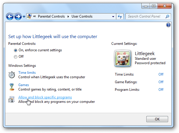 Windows Parental Control settings